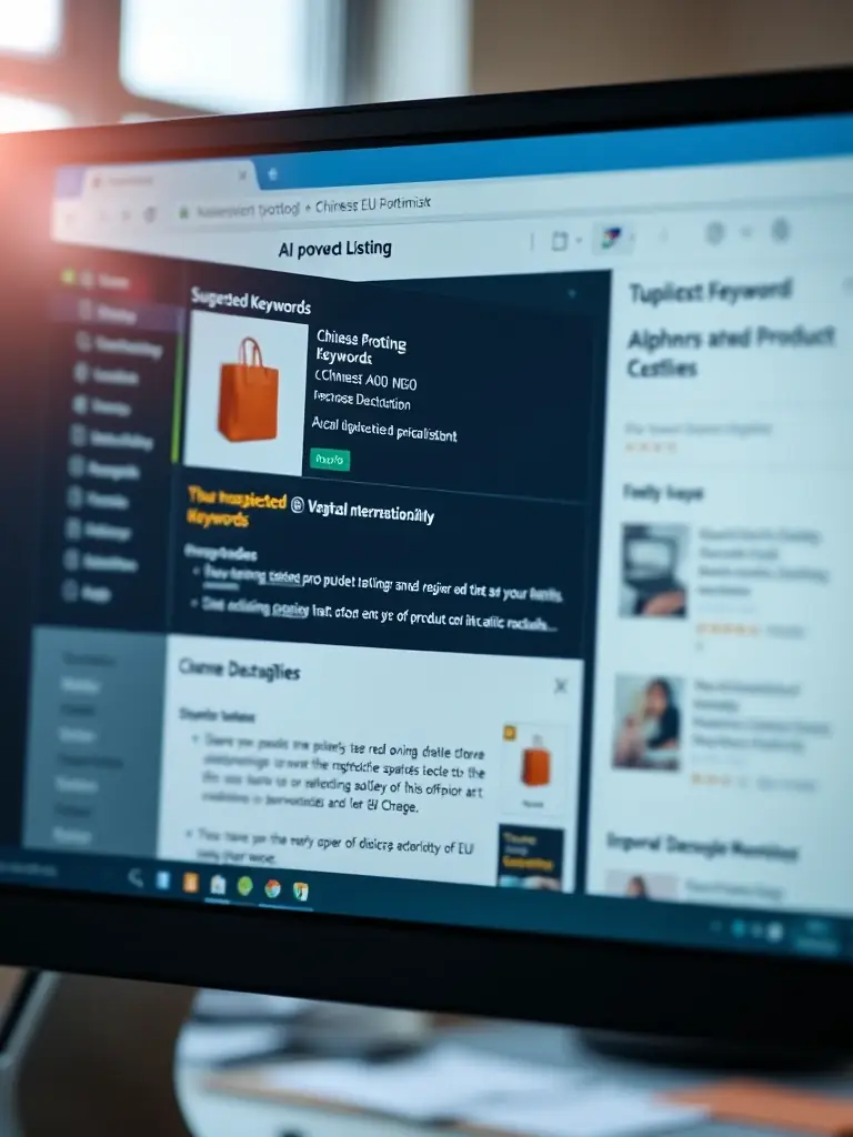 An image showcasing an AI-powered tool optimizing a product listing with suggested keywords, improved descriptions, and enhanced visuals for a Chinese product targeting the EU market.